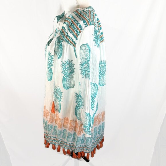 Crown & Ivy Womens Med Pineapple Shirt White with Green Pineapple Orange Fringe - Picture 6 of 9